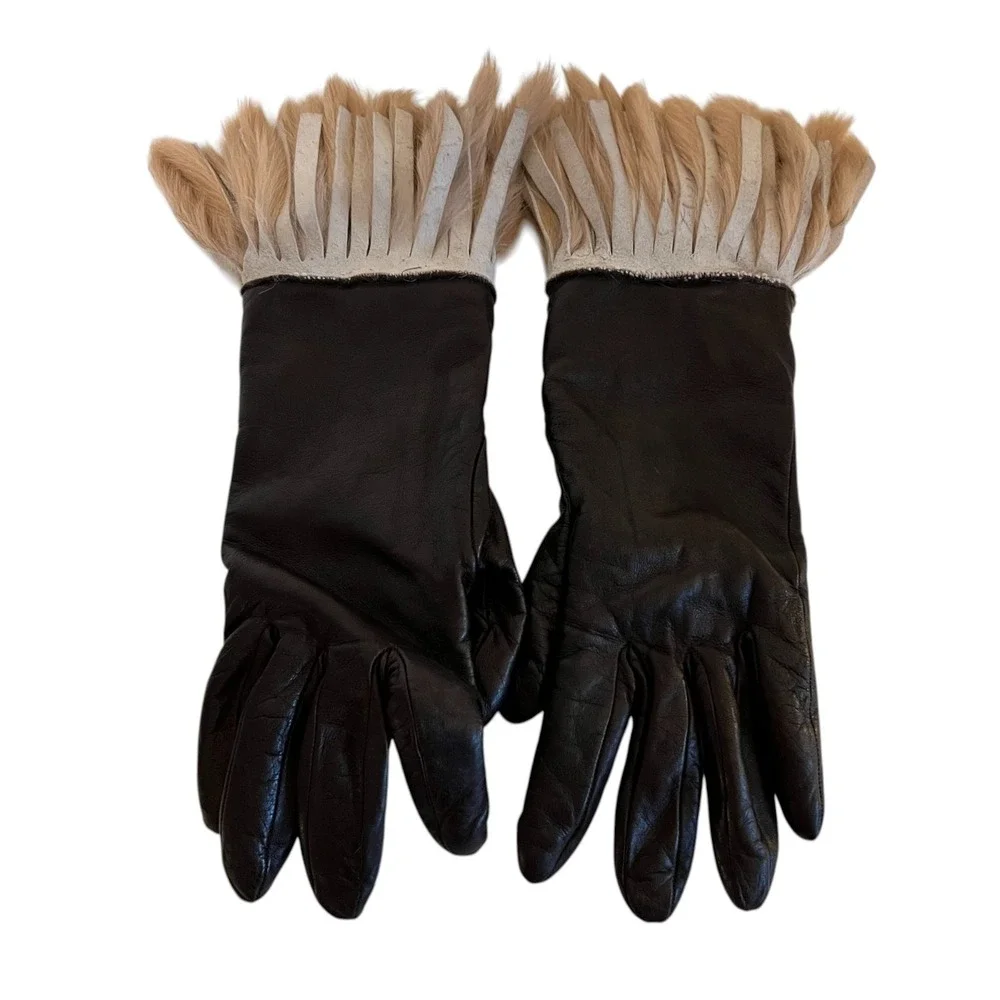 Portolano Brown Italian Leather Gloves Fur Cuff Cashmere Lined Women's Size 6.5